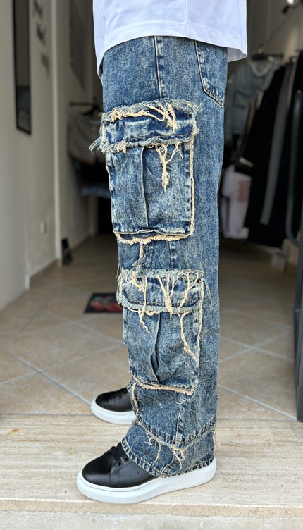 Pantalone jeans tasconi sfilacciato