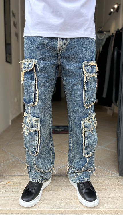 Pantalone jeans tasconi sfilacciato